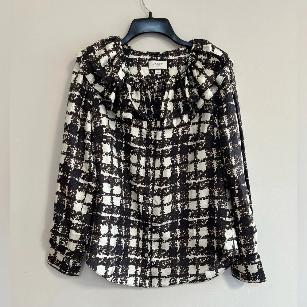 J. Crew Collection Silk Twill Ruffle-Collar Top in Brown Black Ivory Plaid, S